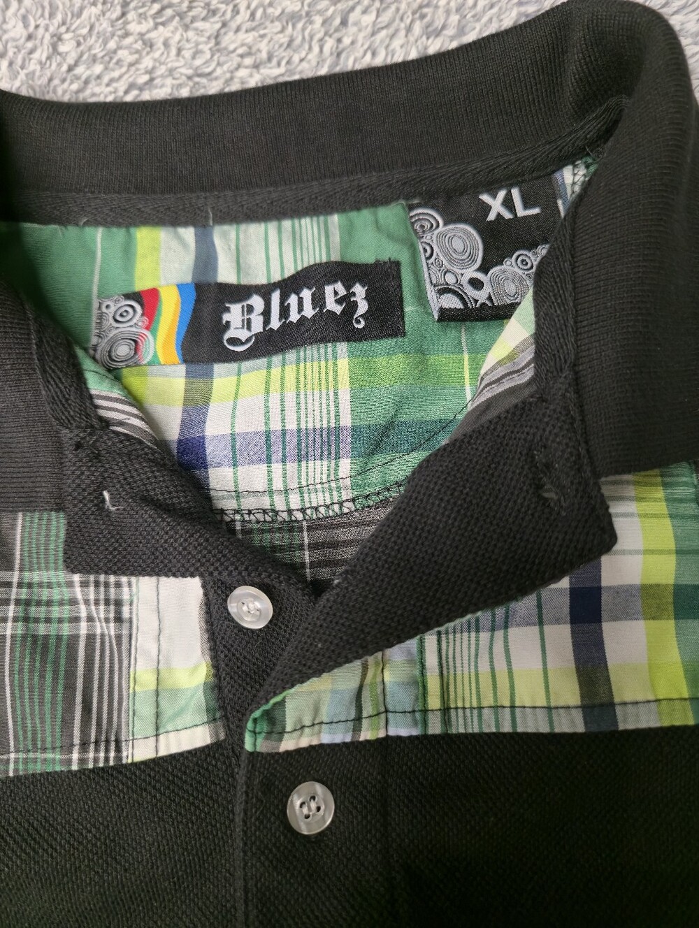 Bluez Mens XL Black Polo Shirt Green Plaid Yoke Vintage Y2K Streetwear Hip Hop